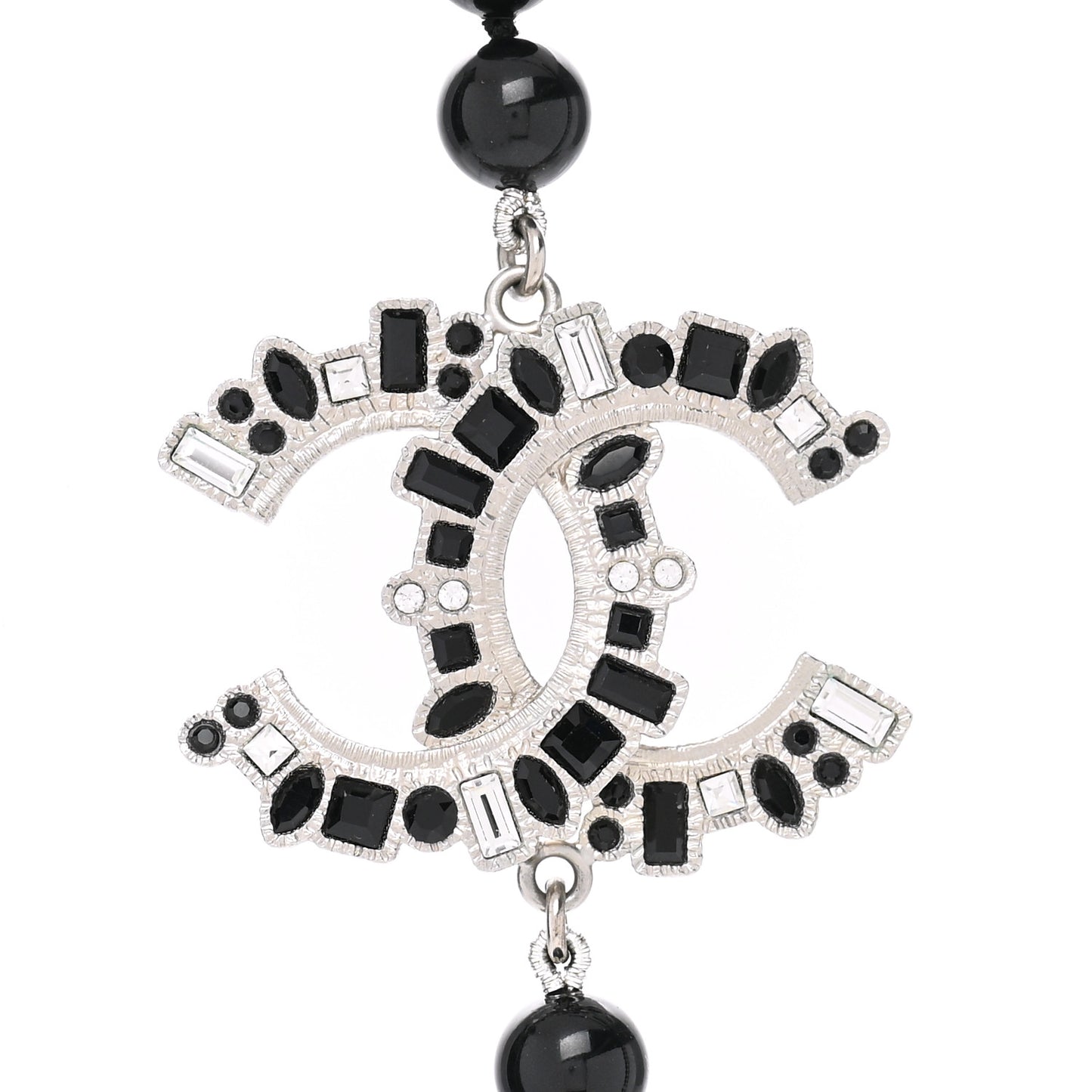 Baguette Crystal Beaded CC Long Necklace Black Silver