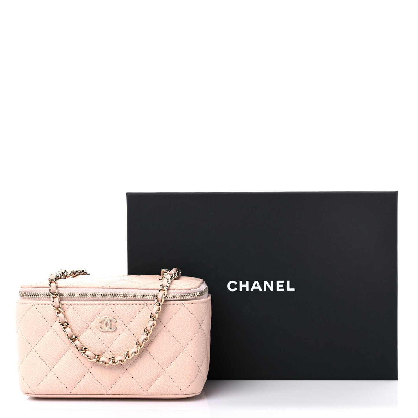 Caviar Quilted Small Vanity Case With Chain Light Beige