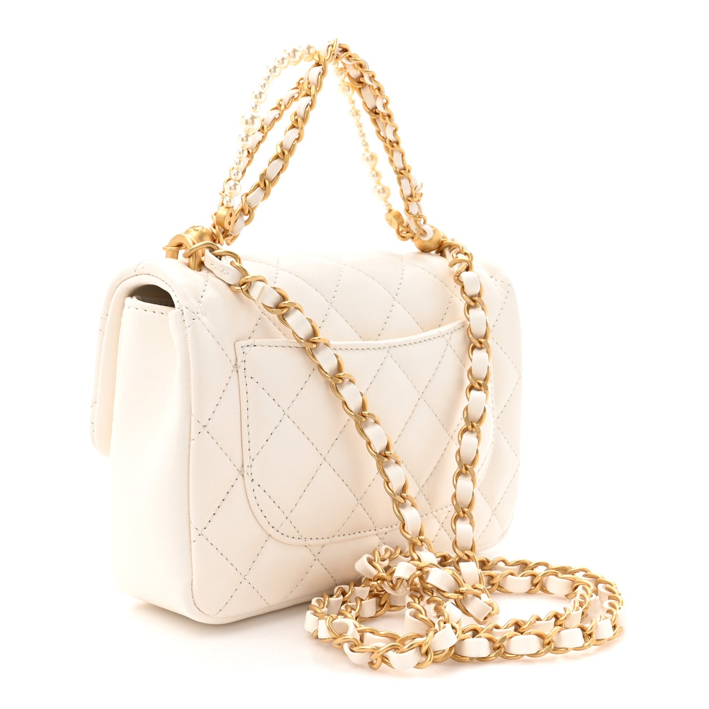 Shiny Lambskin Quilted Pearl Twist Mini Square Flap White