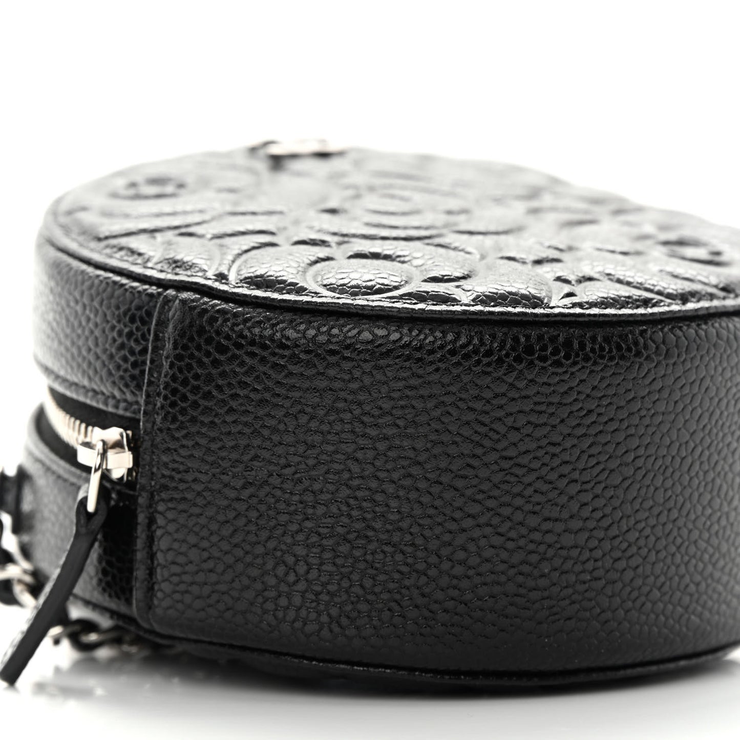 Caviar Camellia Embossed Round Clutch With Chain Black
