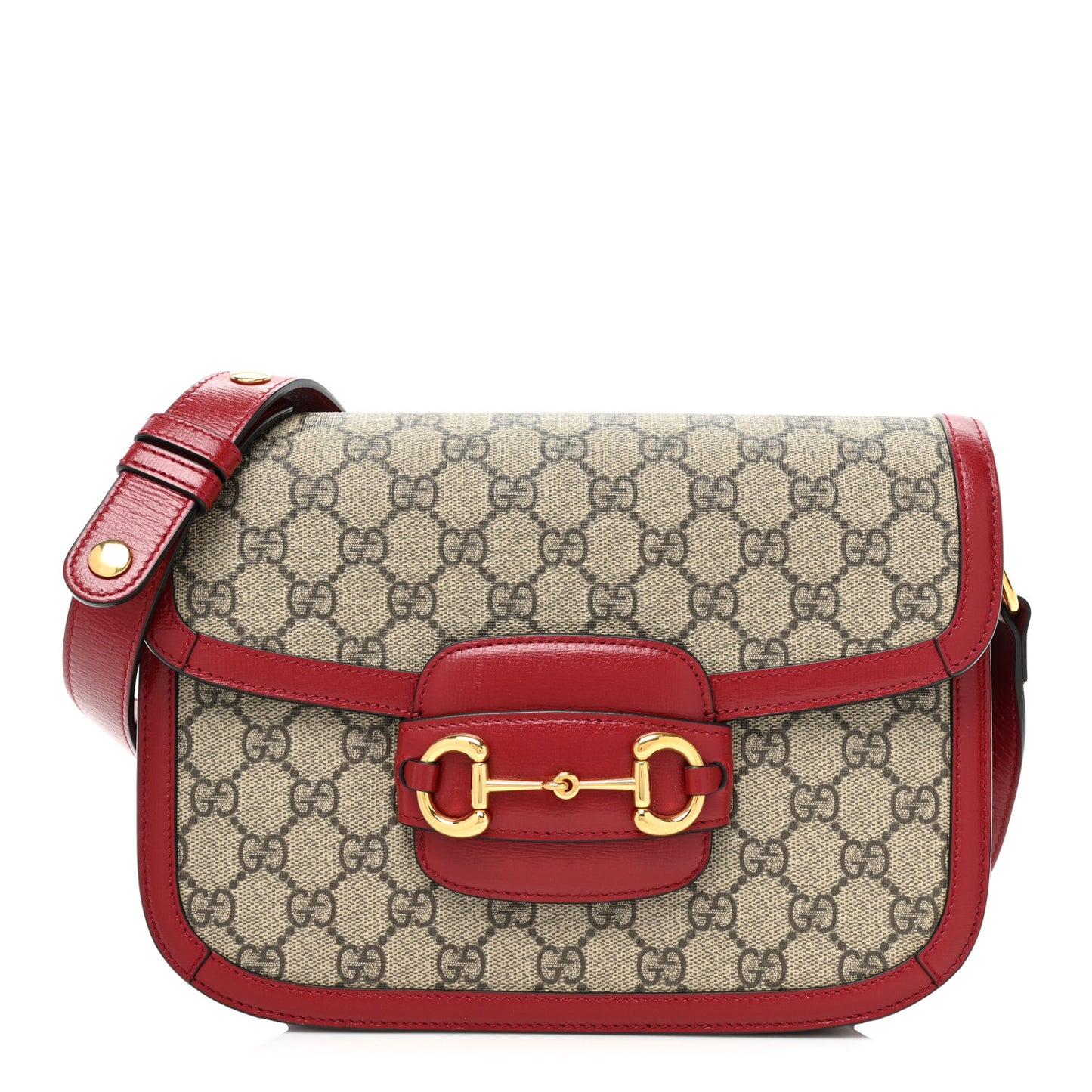 GG Supreme Monogram Azalea Calfskin Horsebit 1955 Shoulder Bag Beige Ebony New Cherry Red