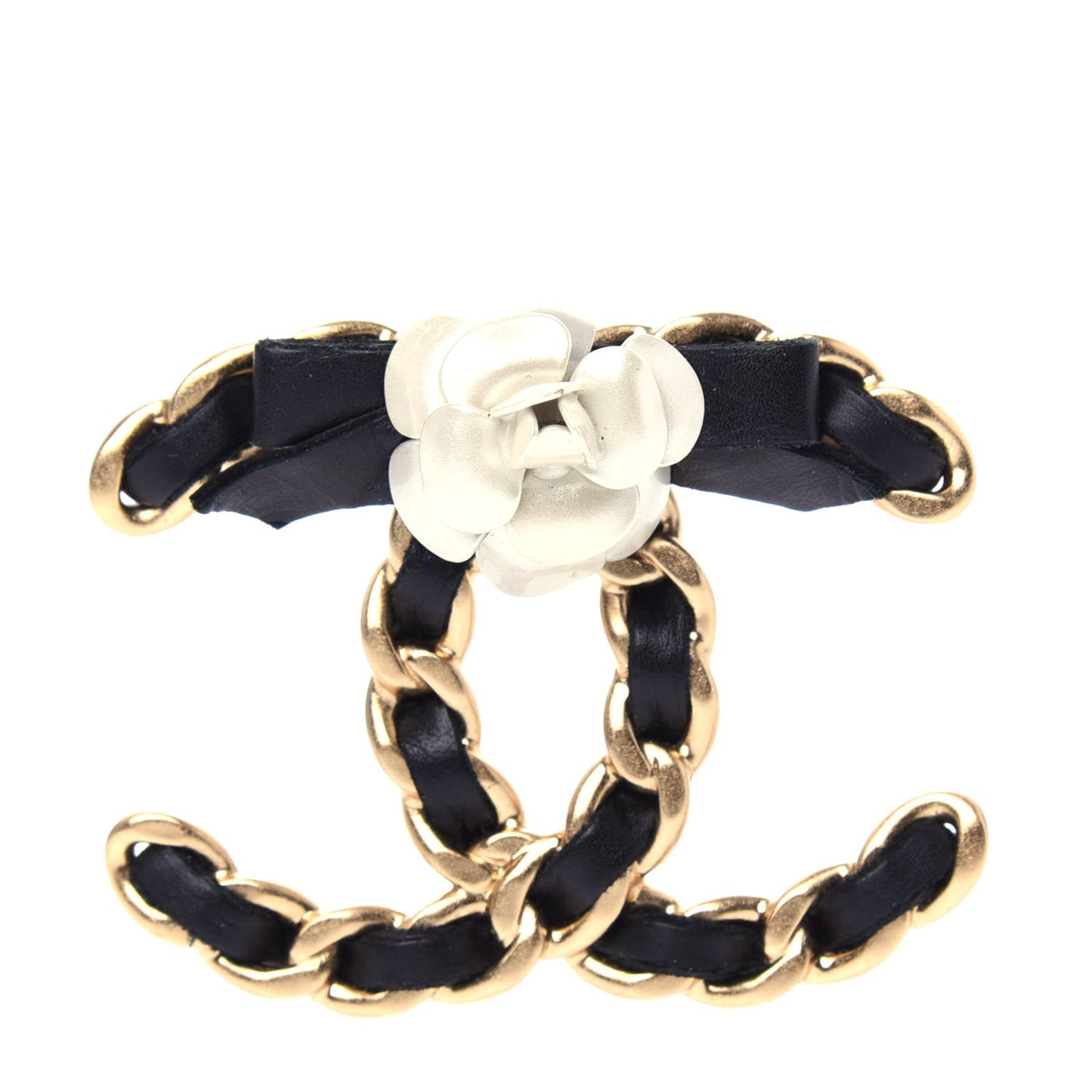 Metal Calfskin Chain 90's Camellia Brooch Black Gold