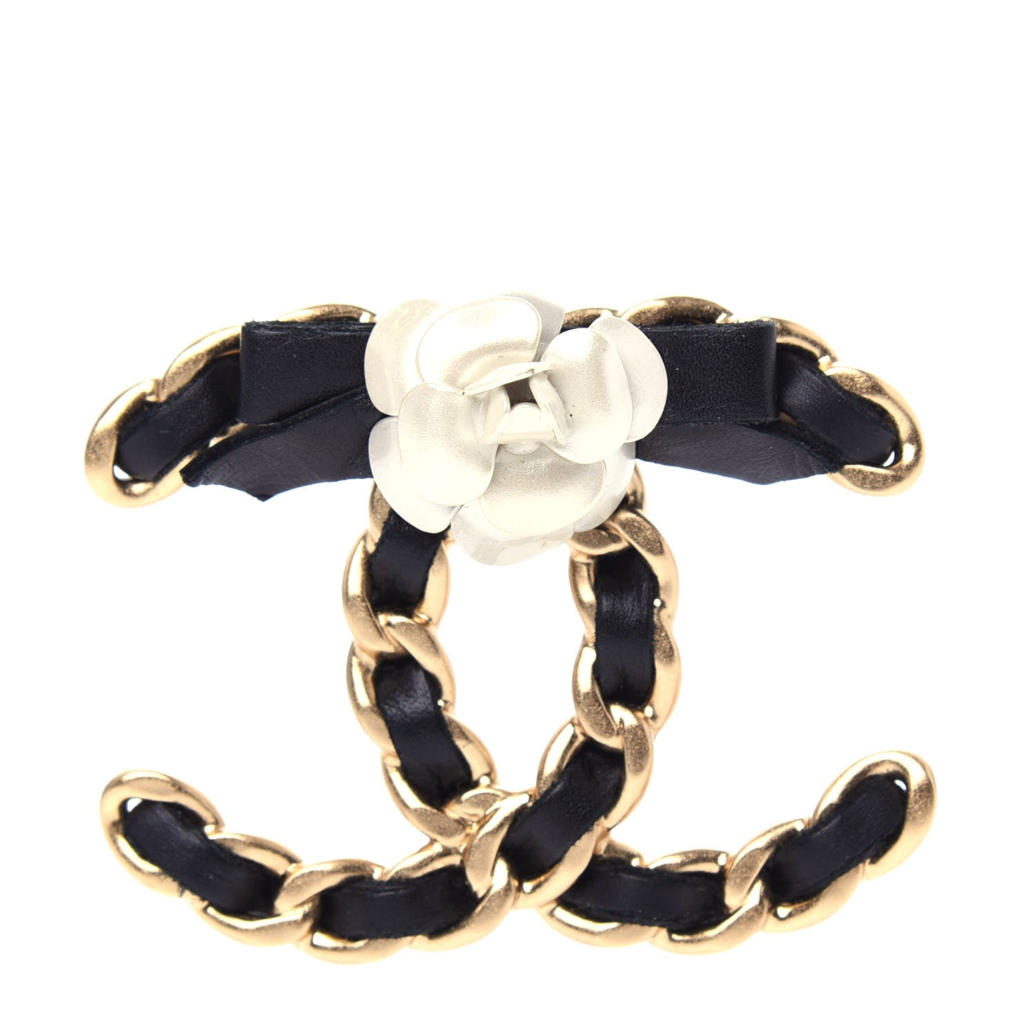 Chanel Metal Calfskin Chain 90's Camellia Brooch Black Gold 1 of 7