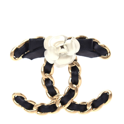 Chanel Metal Calfskin Chain 90's Camellia Brooch Black Gold 1 of 7