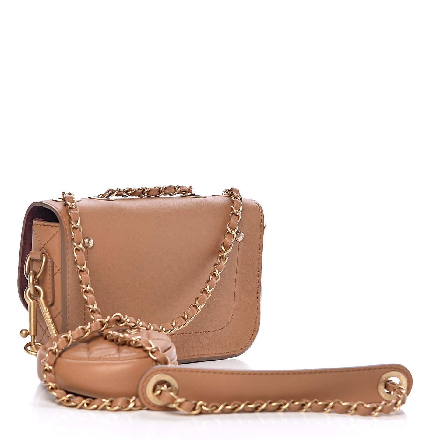 Calfskin Quilted Flap And Coin Purse Light Brown