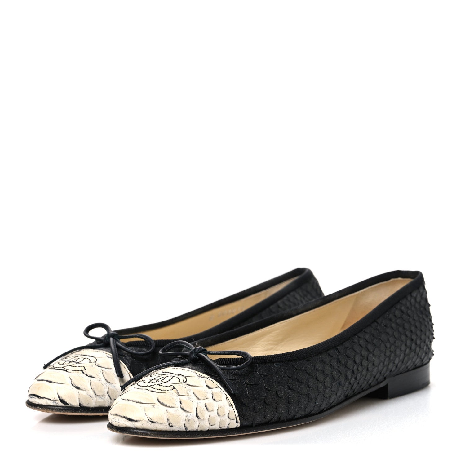 Chanel Glitter Snakeskin CC Cap Toe Ballerina Flats 37 Black White 4 of 13