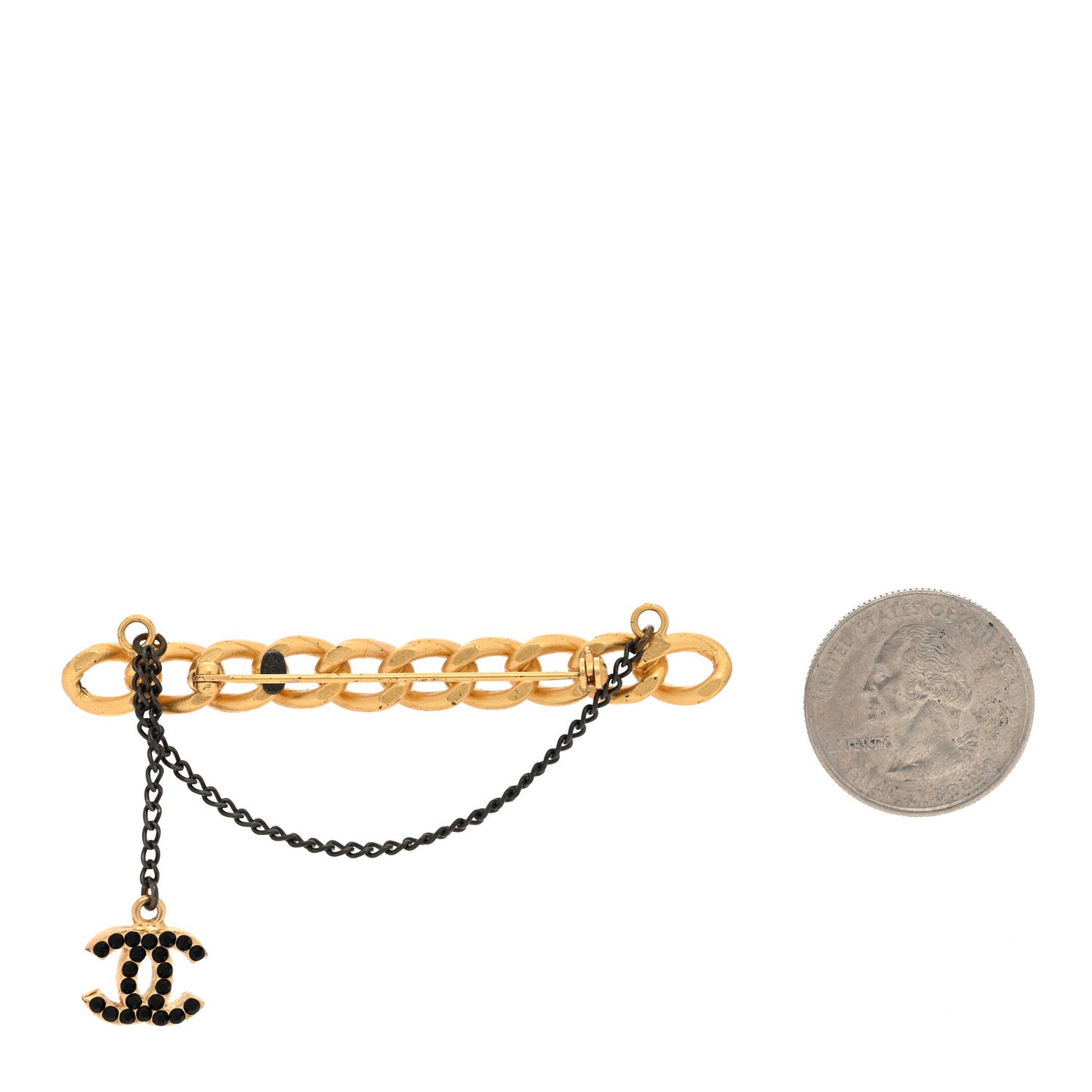 Metal Crystal CC Link Chain Brooch Gold Black