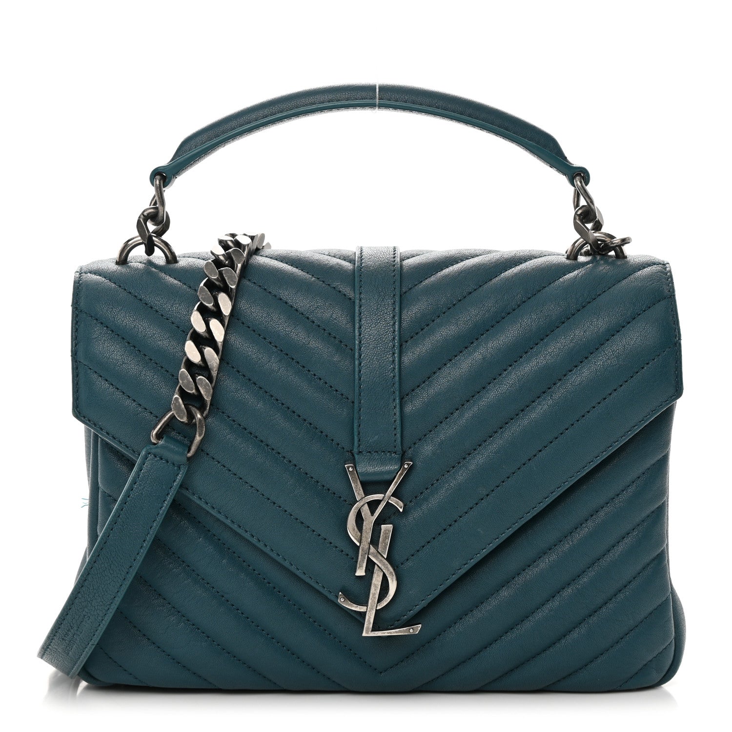 Saint Laurent Sheepskin Matelasse Chevron Monogram Medium College Bag Petrol Green 1 of 14