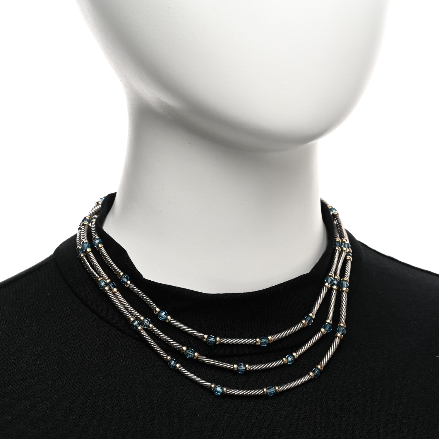 David Yurman Sterling Silver 14K Yellow Gold Blue Topaz Hampton Cable 3 Strand Necklace 2 of 5