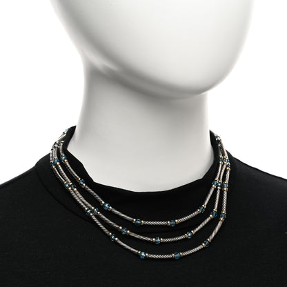 David Yurman Sterling Silver 14K Yellow Gold Blue Topaz Hampton Cable 3 Strand Necklace 2 of 5