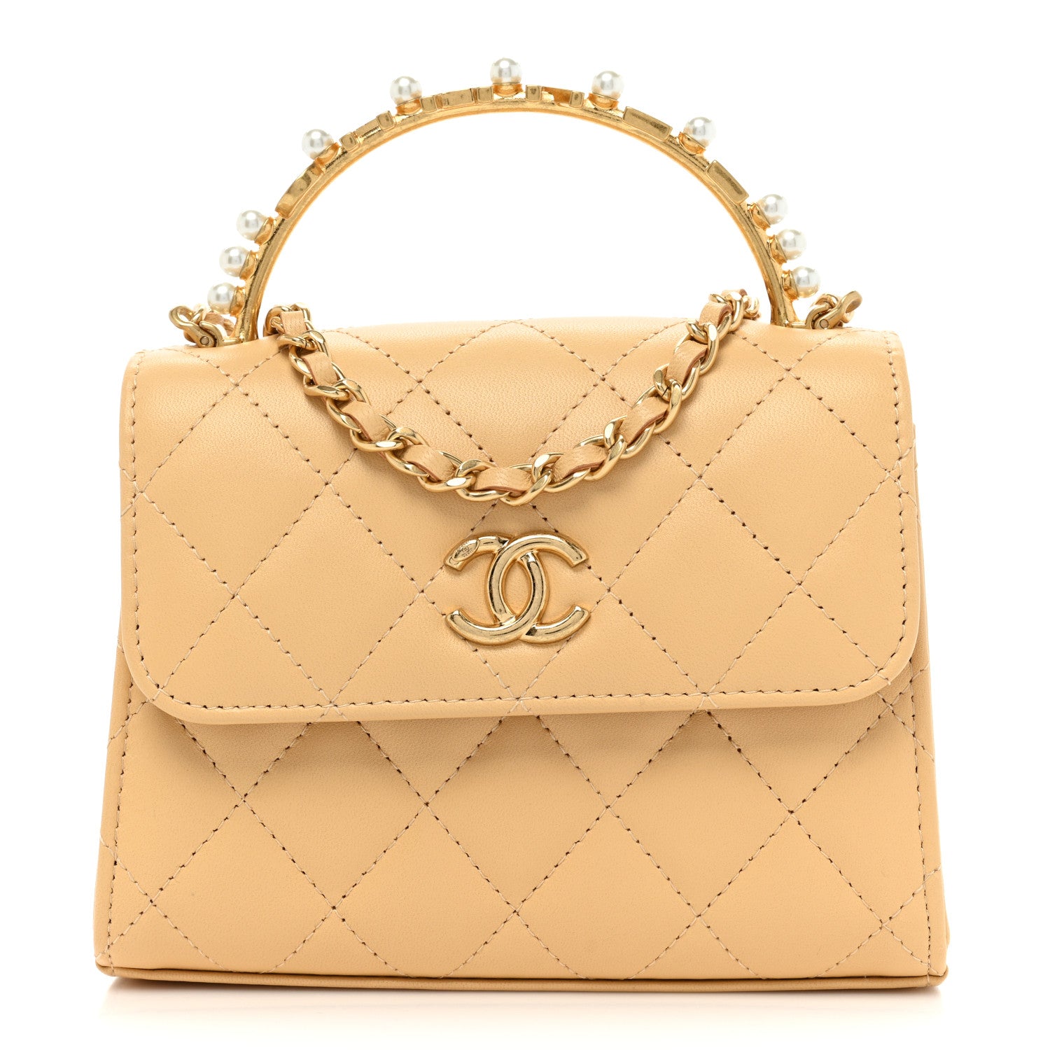 Chanel Lambskin Pearl Enamel Quilted Pearly Girl Handle Flap Clutch With Chain Beige 1 of 10