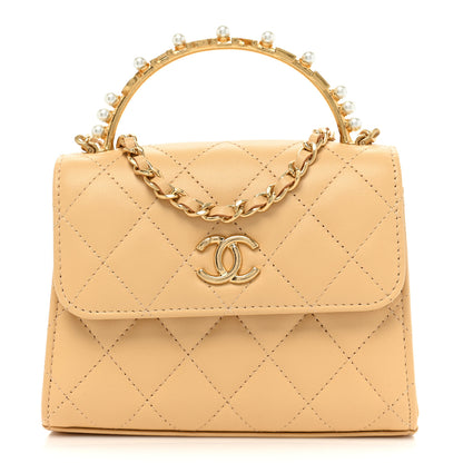 Chanel Lambskin Pearl Enamel Quilted Pearly Girl Handle Flap Clutch With Chain Beige 1 of 10