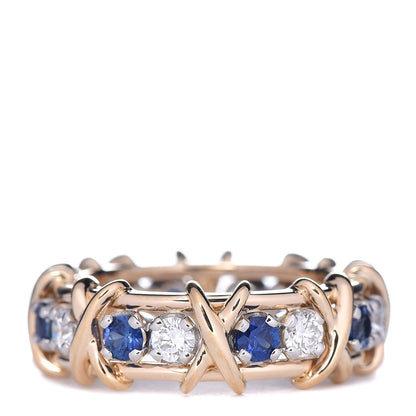 Tiffany 18K Yellow Gold Platinum Blue Sapphire Diamond Schlumberger Sixteen Stone Ring 52 6 3 of 5