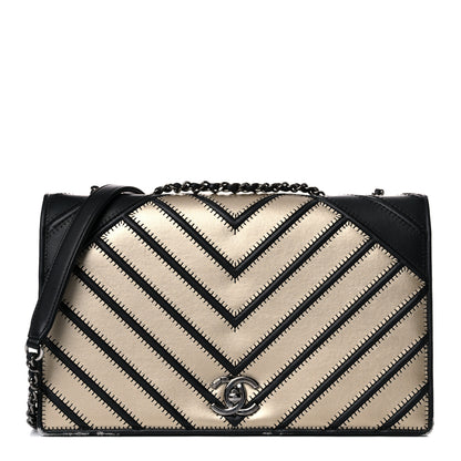 Chanel Grosgrain Chevron Quilted Couture Flap Black Gold 1 of 18