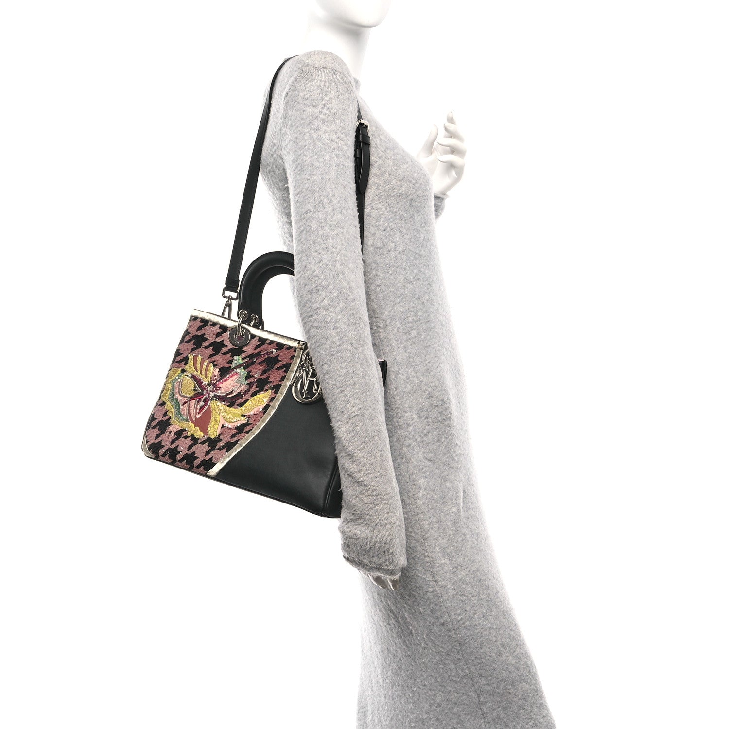 Christian Dior Smooth Calfskin Sequin Houndstooth Embroidered Medium Diorissimo Black 2 of 11