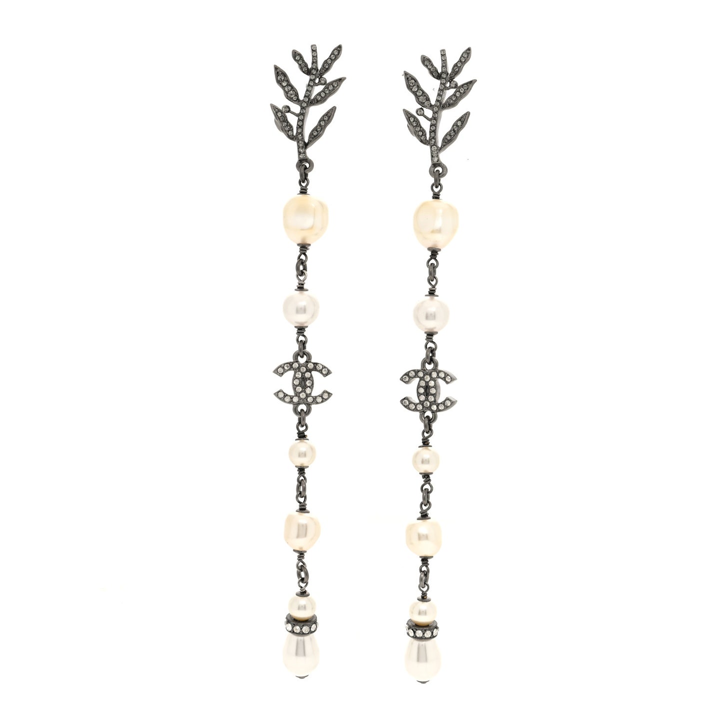 Pearl Crystal CC Long Drop Earrings Silver