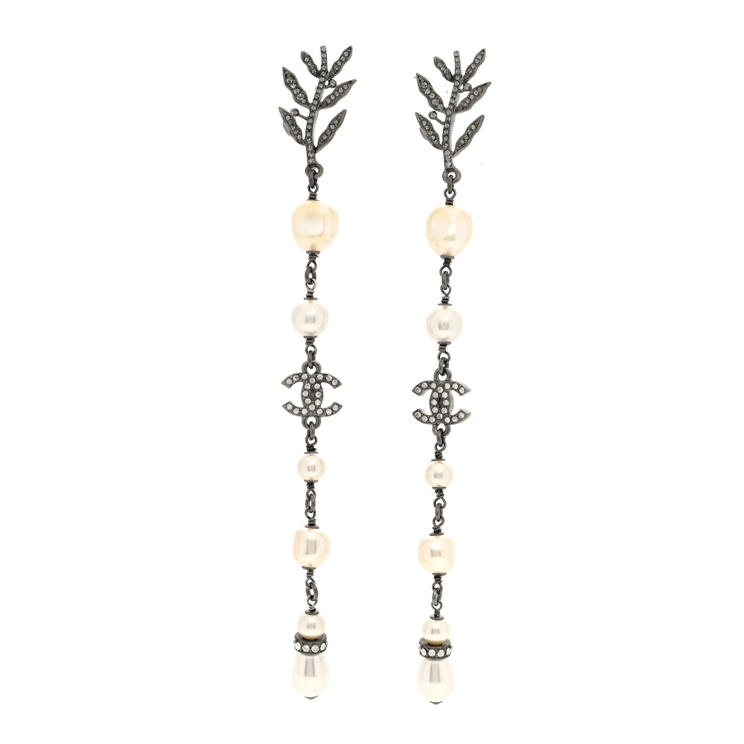 Chanel Pearl Crystal CC Long Drop Earrings Silver 1 of 5