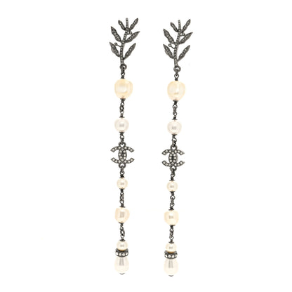 Chanel Pearl Crystal CC Long Drop Earrings Silver 1 of 5