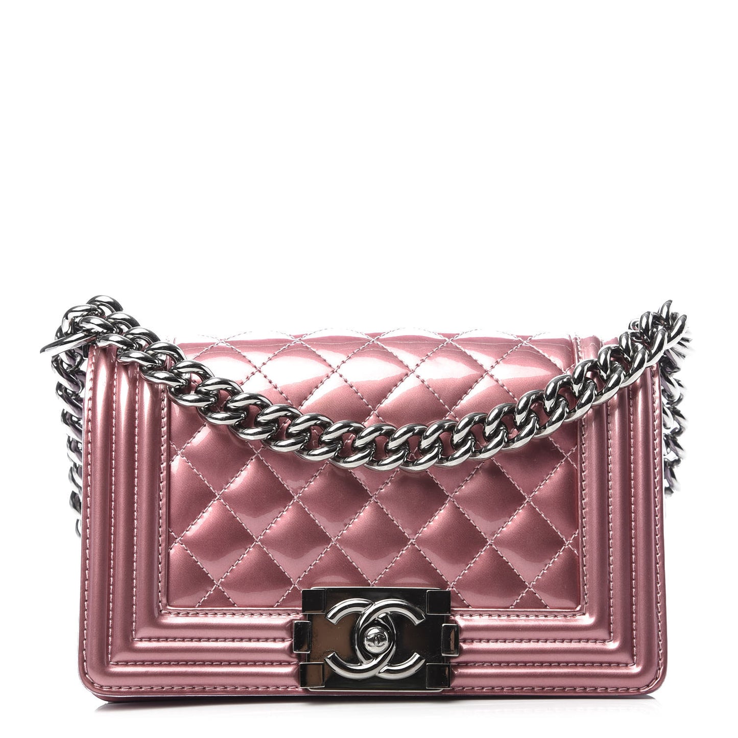 Metallic Patent Calfskin Quilted Small Boy Flap Pink