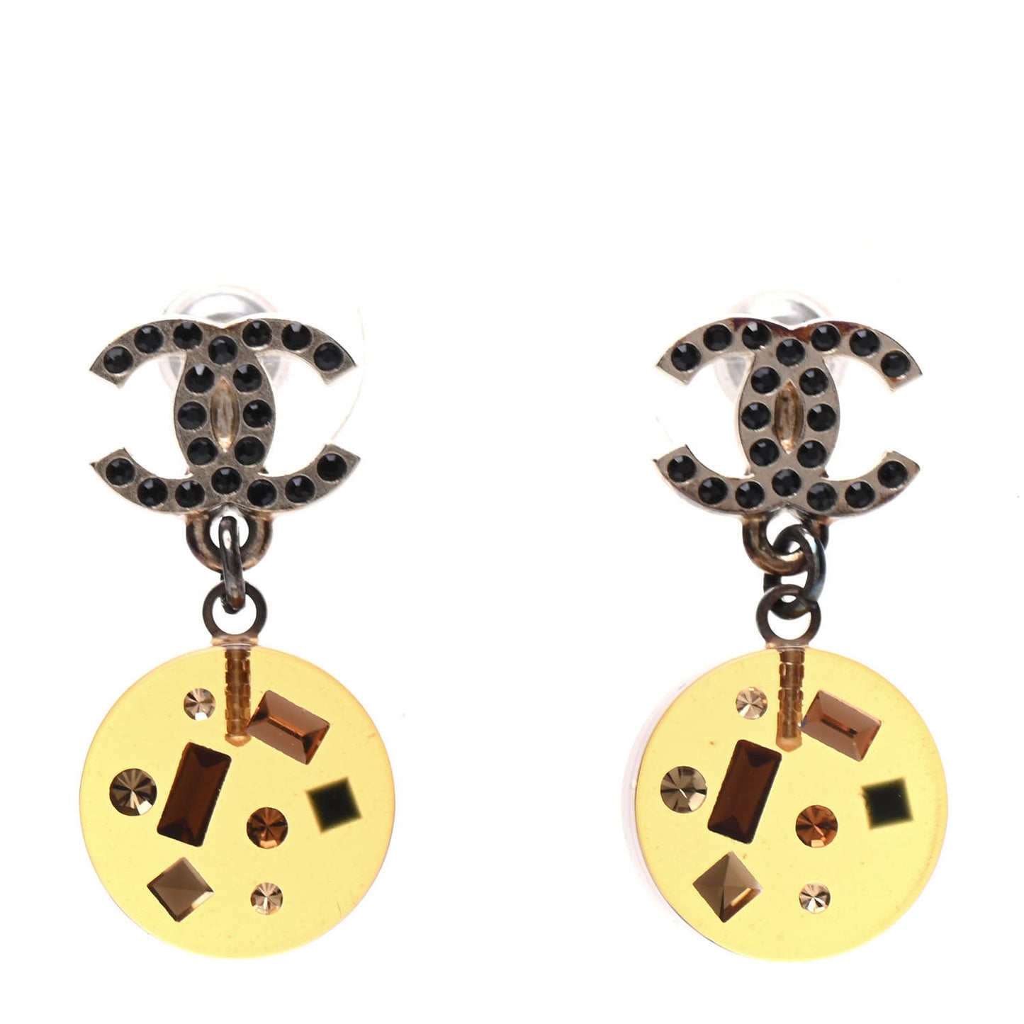 Lucite Crystal CC Drop Earrings Gold