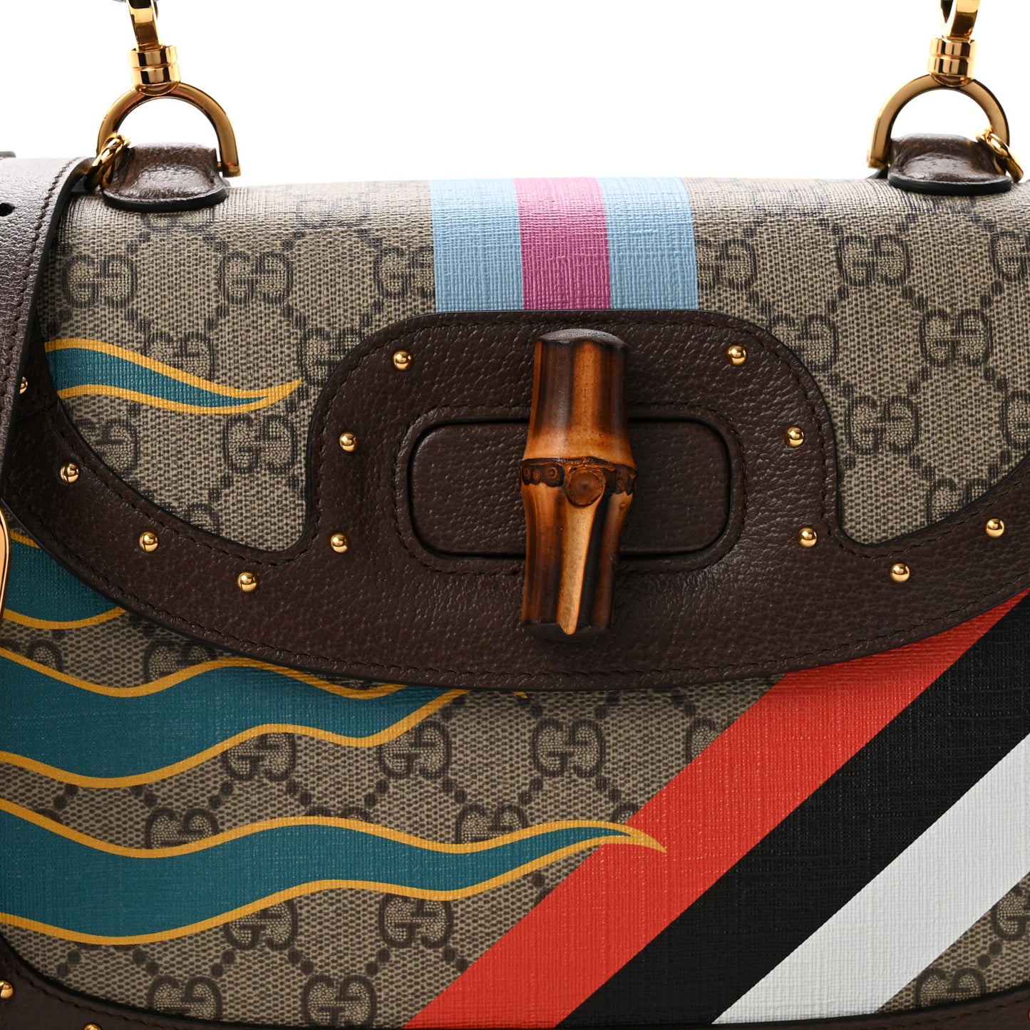 GG Supreme Monogram Studded Calfskin 100 Centennial Geometric Medium Bamboo 1947 Top Handle Bag Beige Ebony Multicolor