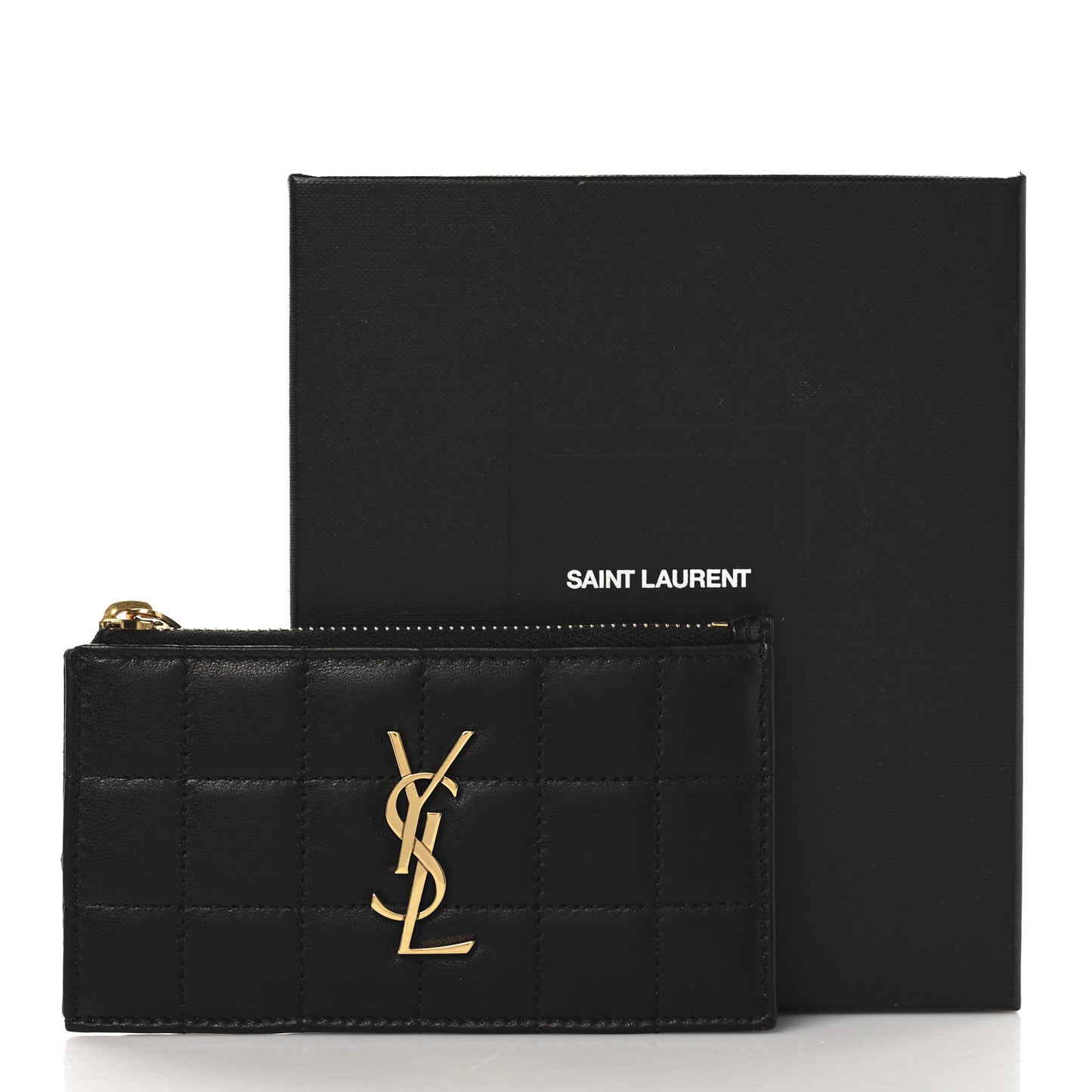 Lambskin Matelasse Cassandre Carre Fragments Zippered Card Case Black