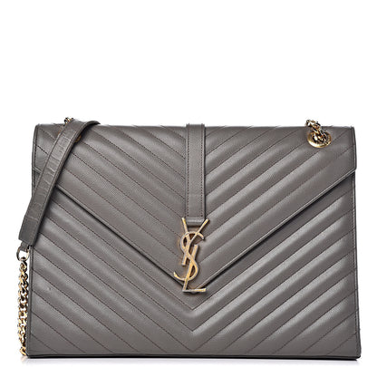Saint Laurent Grain De Poudre Matelasse Chevron Large Monogram Satchel Earth 1 of 18