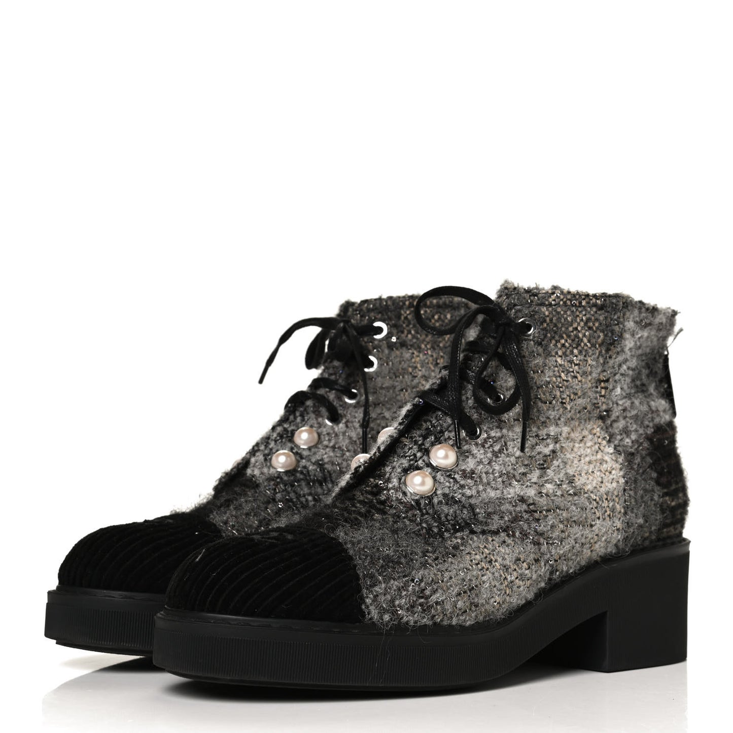 Tweed Calfskin Pearl Combat Short Boots 41.5 Multicolor