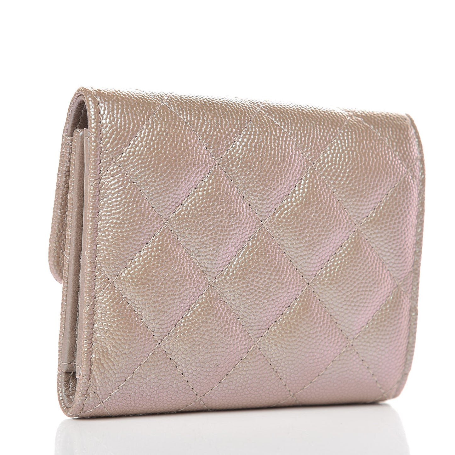 Iridescent Caviar Quilted Small Flap Wallet Beige