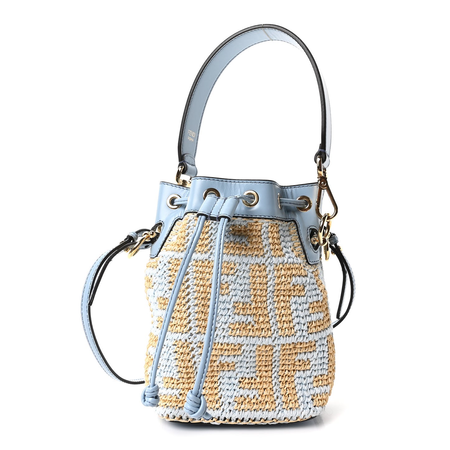 Raffia Vitello Seta F is Fendi FF Woven Mini Mon Tresor Bucket Bag Azzuro Natural