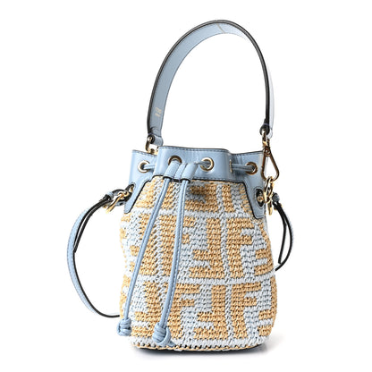 Fendi Raffia Vitello Seta F is Fendi FF Woven Mini Mon Tresor Bucket Bag Azzuro Natural 1 of 9