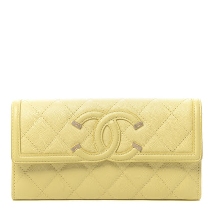 Chanel Caviar Quilted Large Filigree Gusset Flap Wallet Yellow 1 of 9