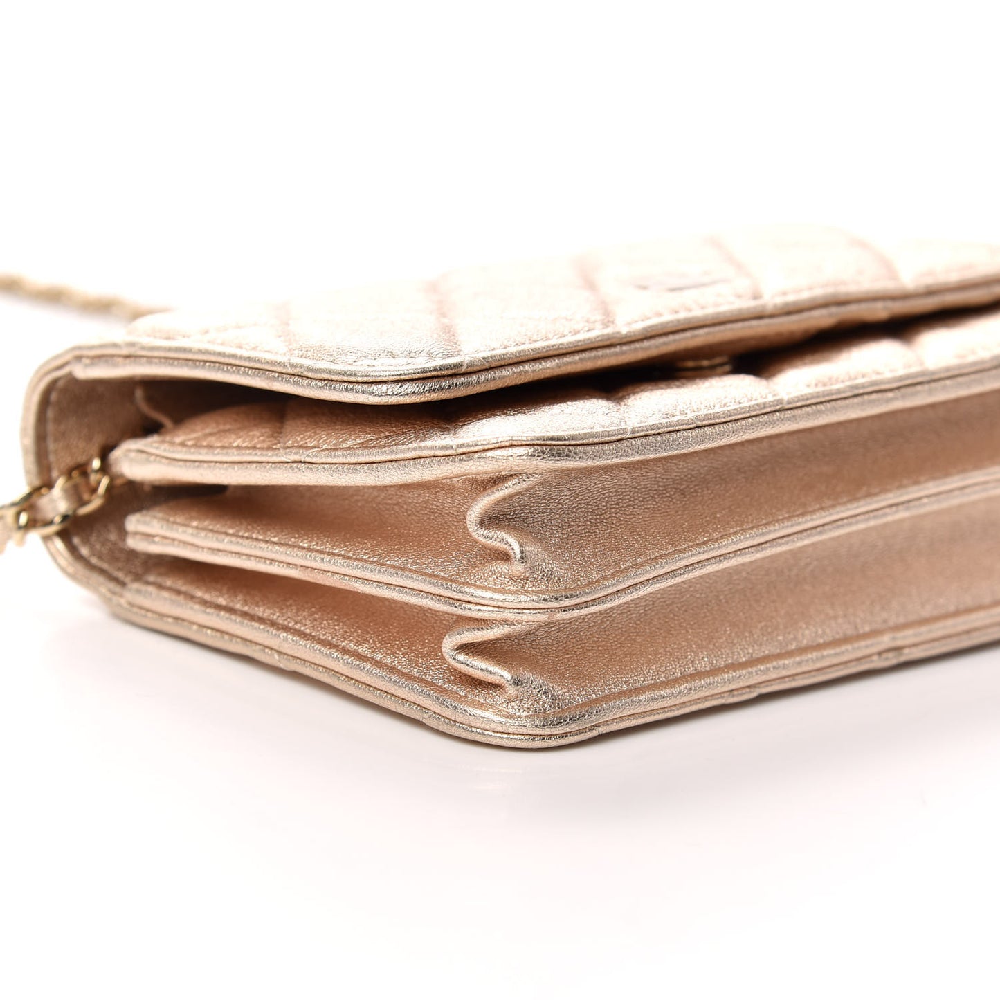 Metallic Lambskin Quilted Mini Wallet On Chain WOC Gold
