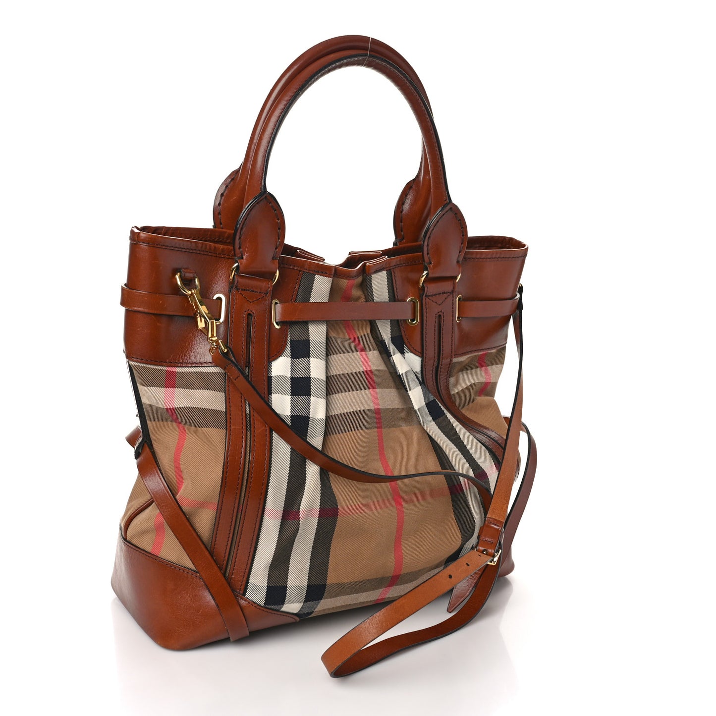 Bridle Calfskin House Check Medium Whipstitch Tote Dark Tan