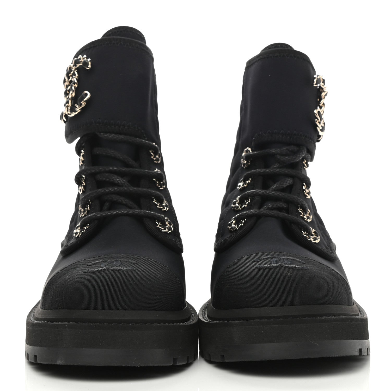 Chanel Fabric Grosgrain Quilted Cap Toe Lace Up Combat Boots 35.5 2 of 8