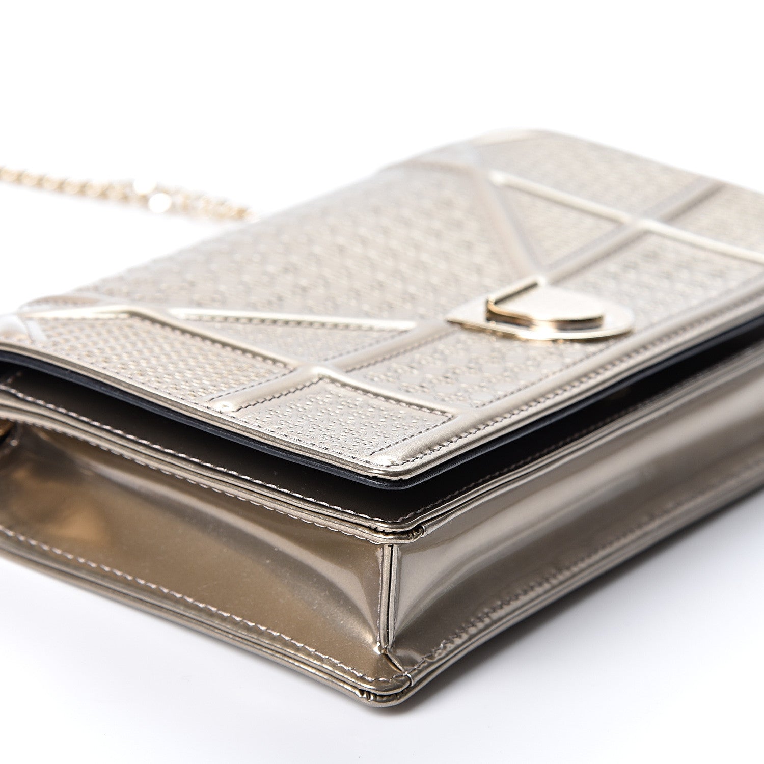 Christian Dior Metallic Patent Micro-Cannage Diorama Wallet on Chain Pouch Gold 8 of 10