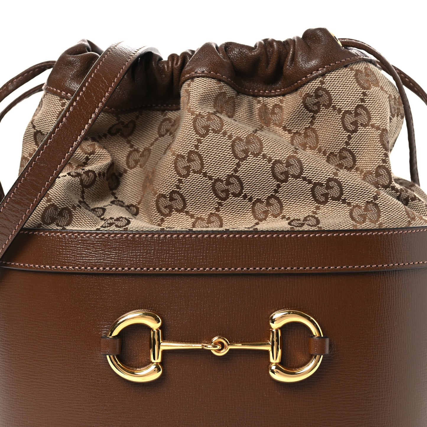 Monogram Textured Calfskin Horsebit 1955 Drawstring Bucket Bag Beige Brown Sugar