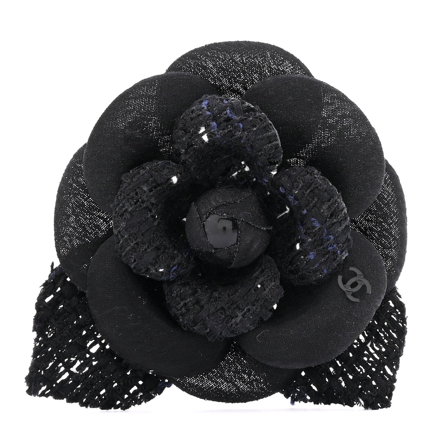 Tweed Fabric Camellia Pin Brooch Black