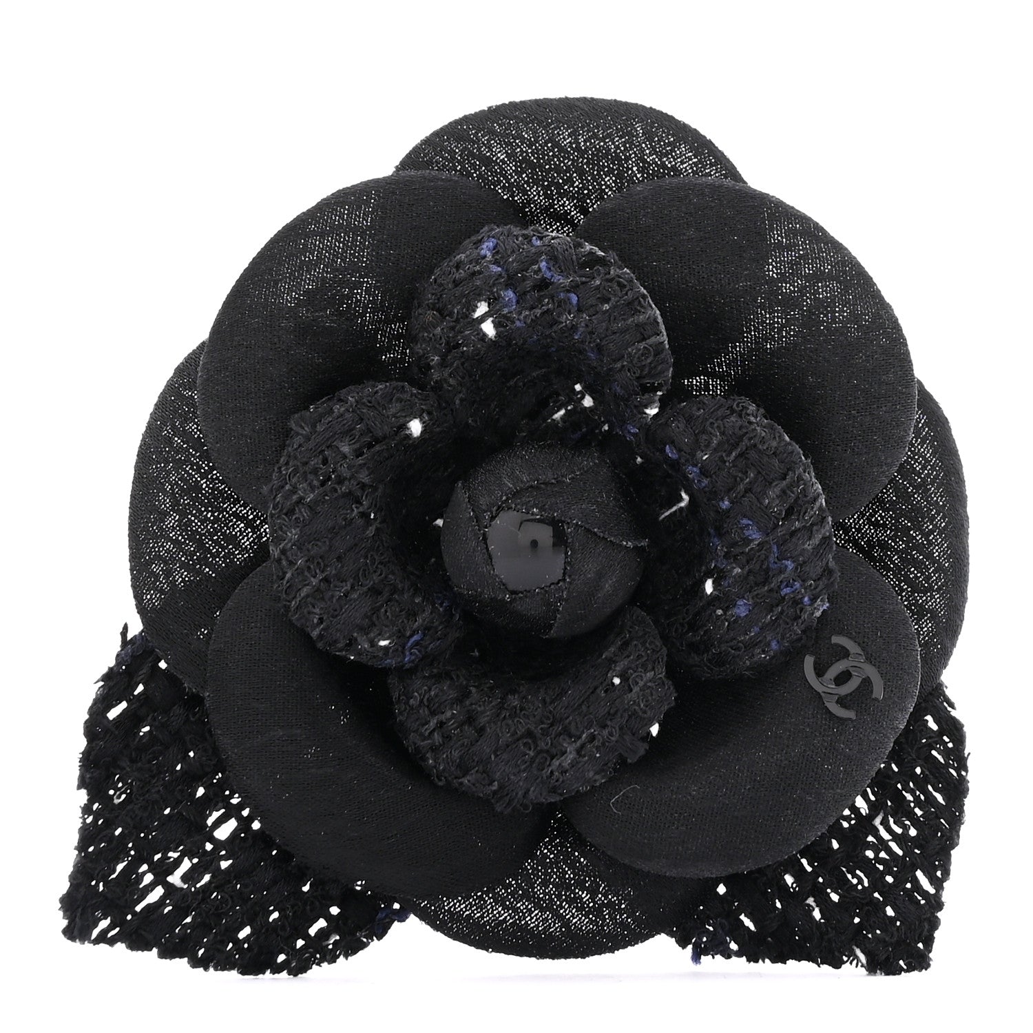 Chanel Tweed Fabric Camellia Pin Brooch Black 1 of 3
