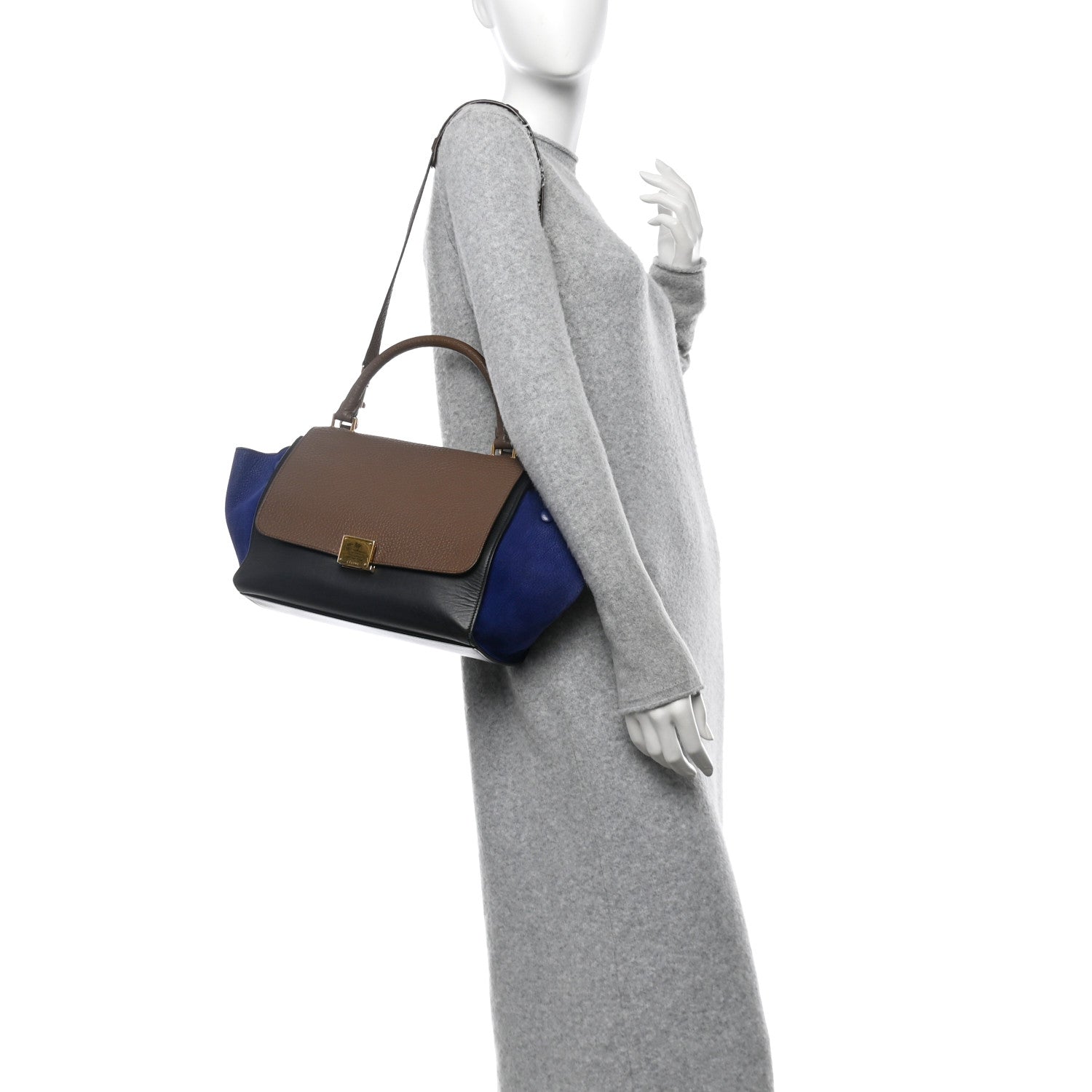 Celine Bullhide Calfskin Nubuck Small Tri-Color Trapeze Coffee 2 of 11