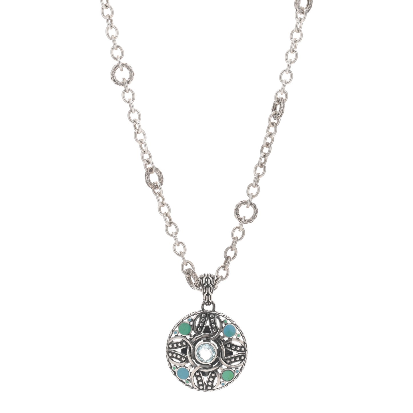 Sterling Silver Enamel Blue Topaz Palu Bulan Pendant Necklace