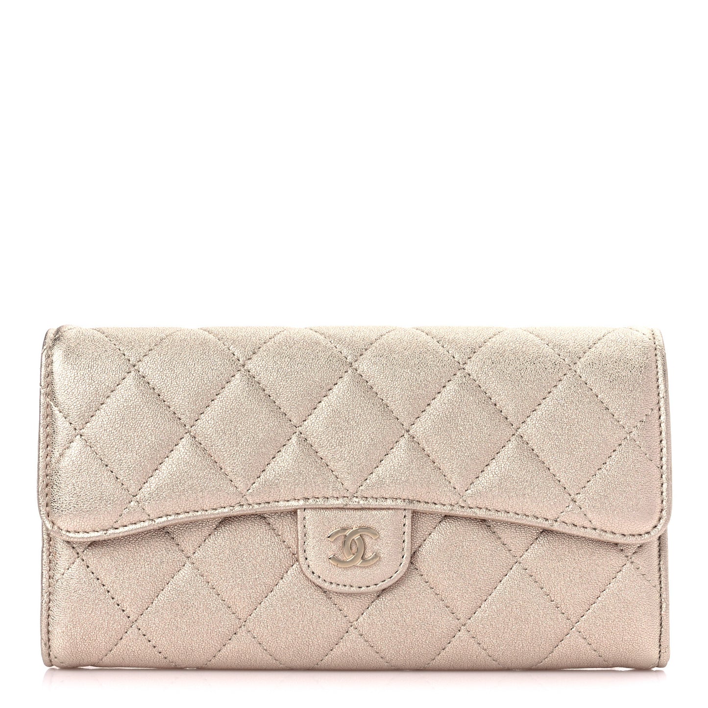 Metallic Lambskin Quilted Large Gusset Flap Wallet Gold