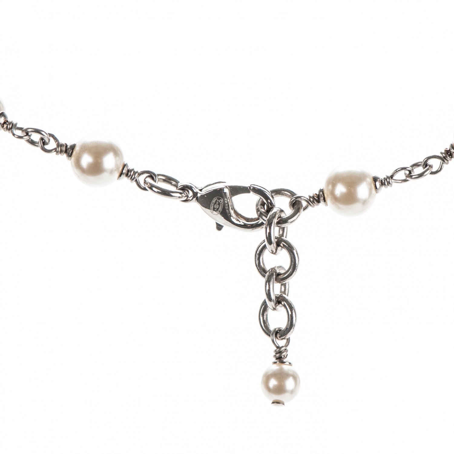 Chanel Crystal Pearl CC Long Necklace Silver 4 of 5