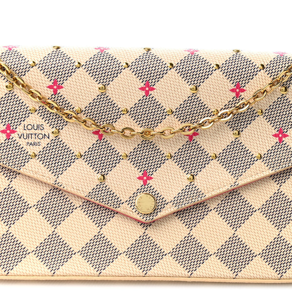 Damier Azur Studded Pochette Felicie Chain Wallet Fuchsia
