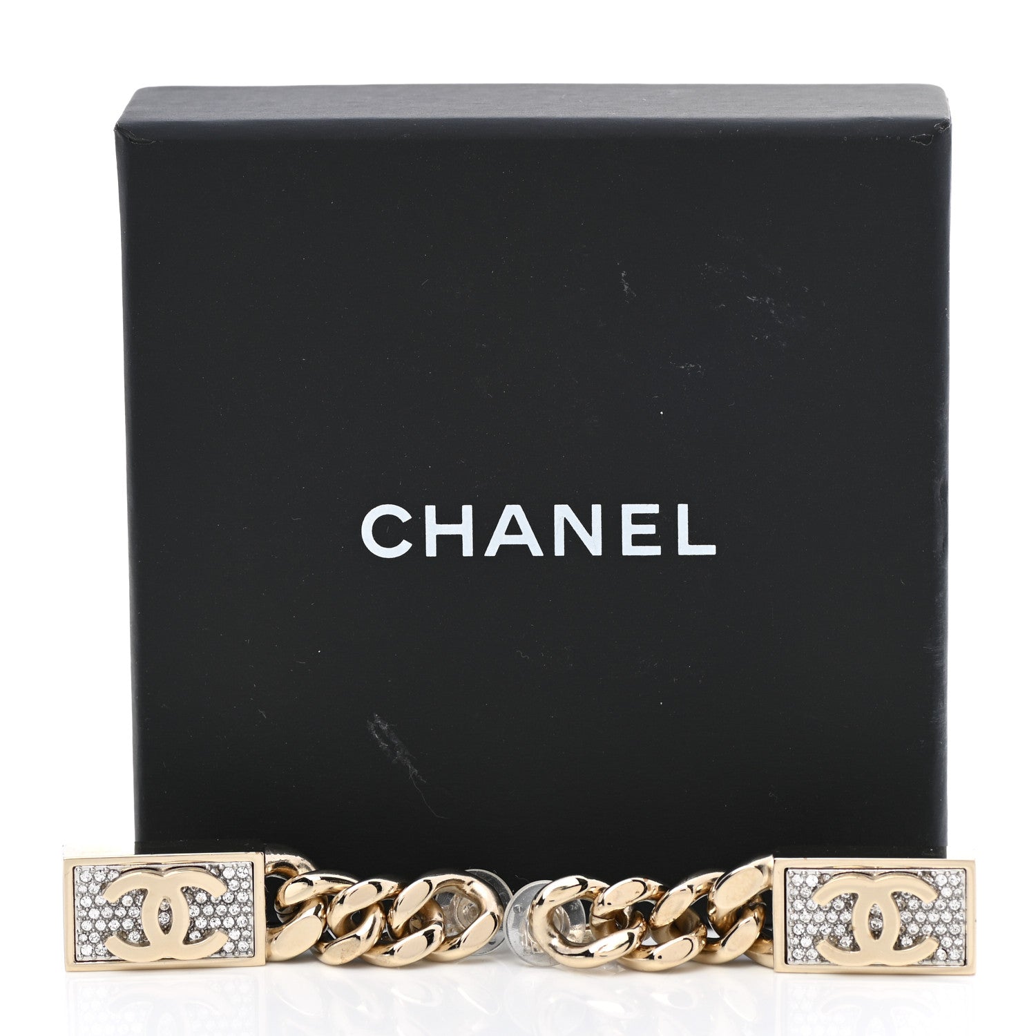Chanel Crystal Dog Tag Charm Earrings Gold 5 of 5