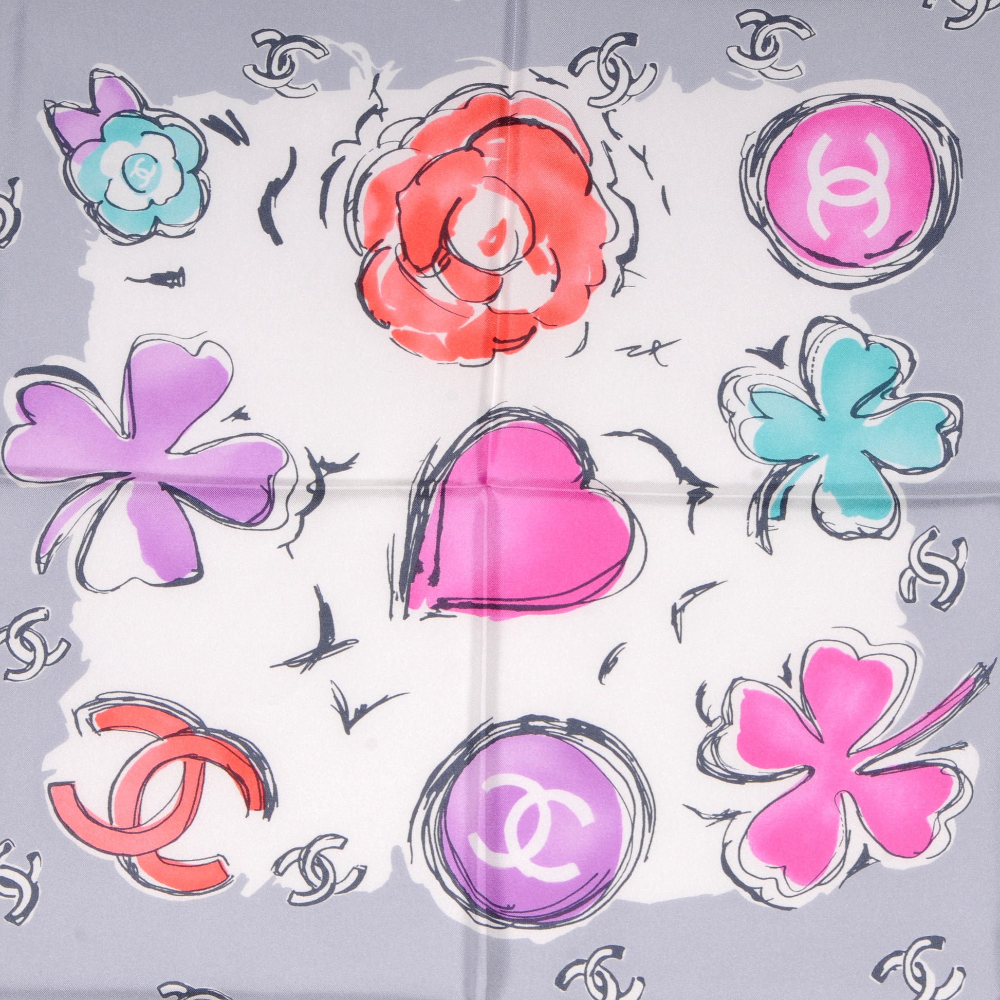 Chanel Silk CC Camellia Clover Heart Scarf Grey 1 of 5