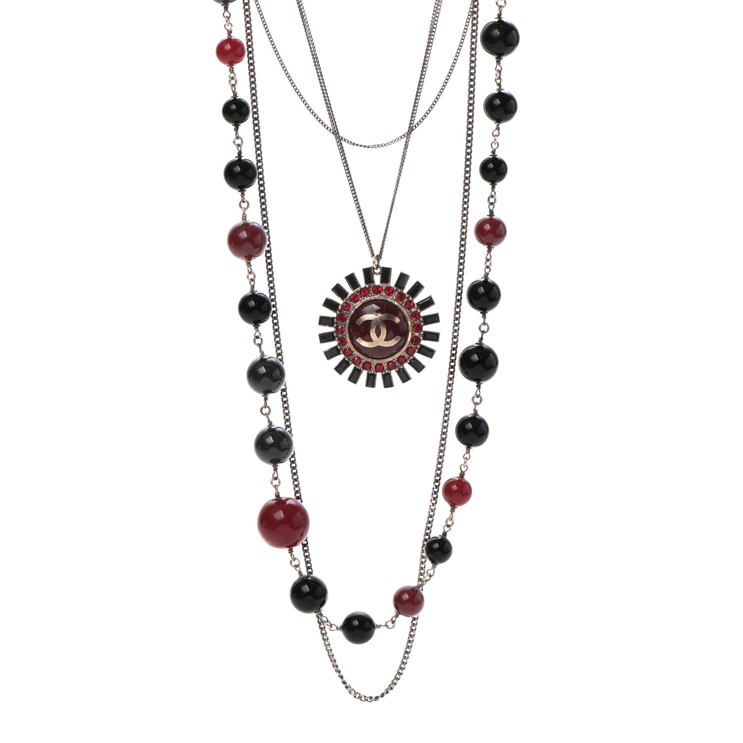 Gripoix Poured Glass Crystal Bead CC Layered Pendant Necklace Black Red Gold
