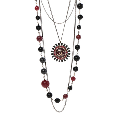 Chanel Gripoix Poured Glass Crystal Bead CC Layered Pendant Necklace Black Red Gold 1 of 5