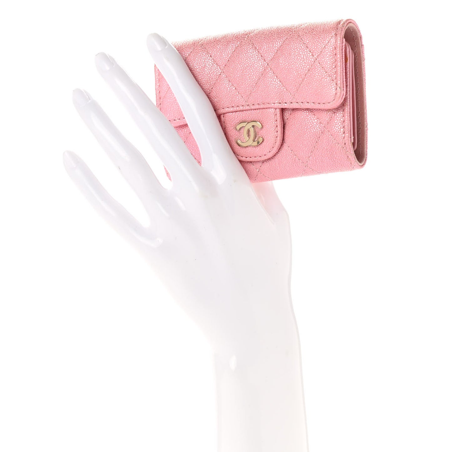 Iridescent Caviar Quilted Classic 4 Key Holder Wallet Pink