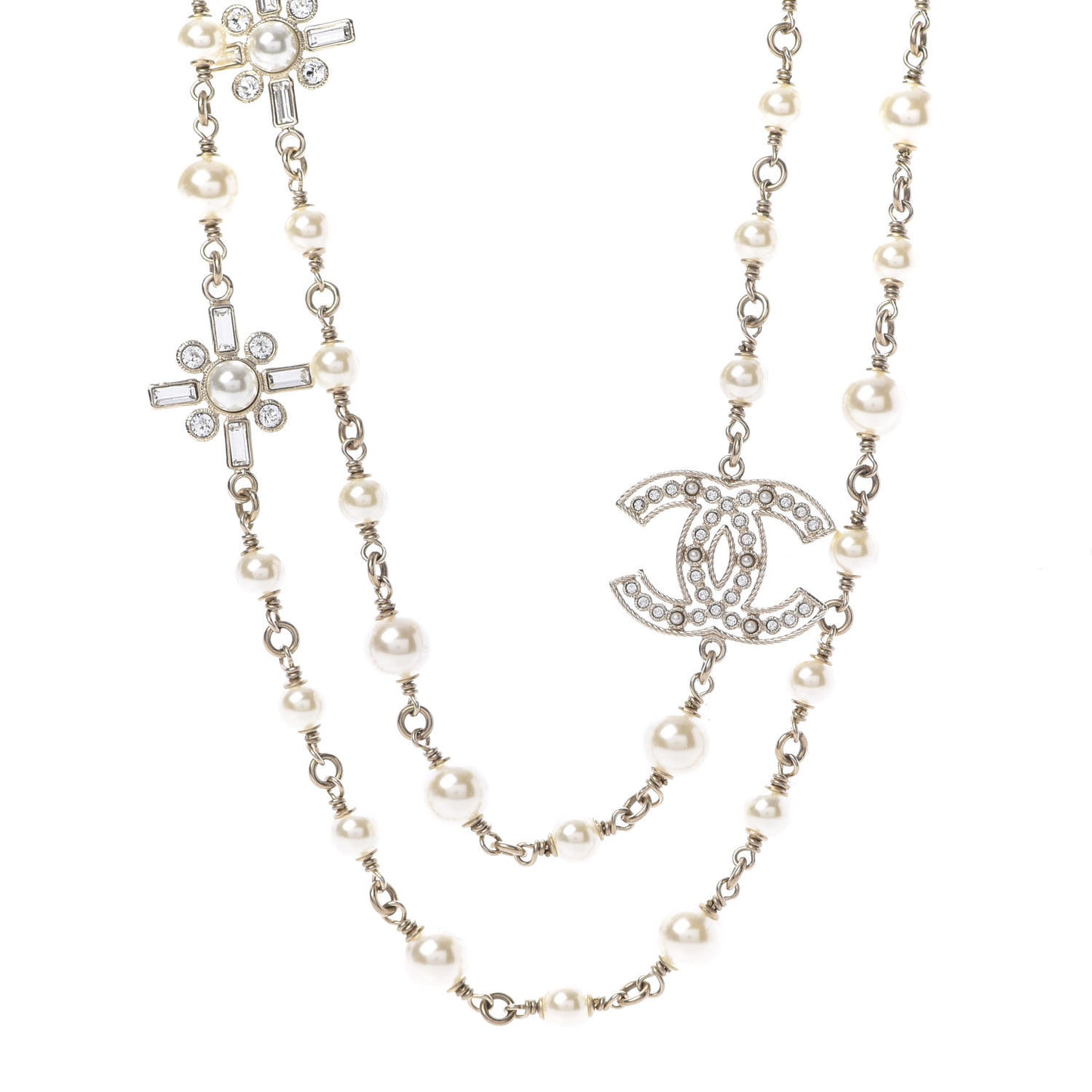 Crystal Baguette Pearl CC Cross Necklace Gold